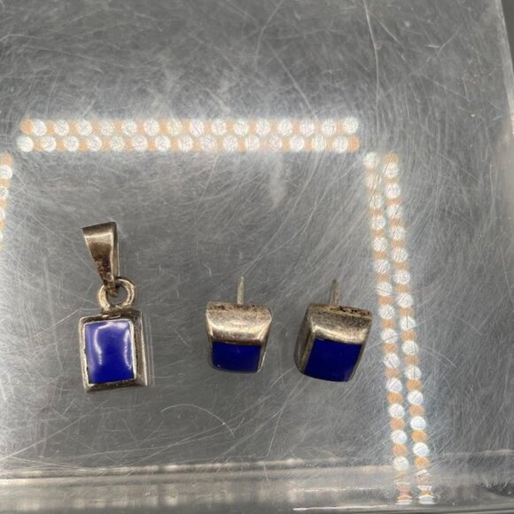 Sterling Silver and Lapis Lazuli Earring and Pendant Set Mexico .925 Rectangle - Picture 3 of 8
